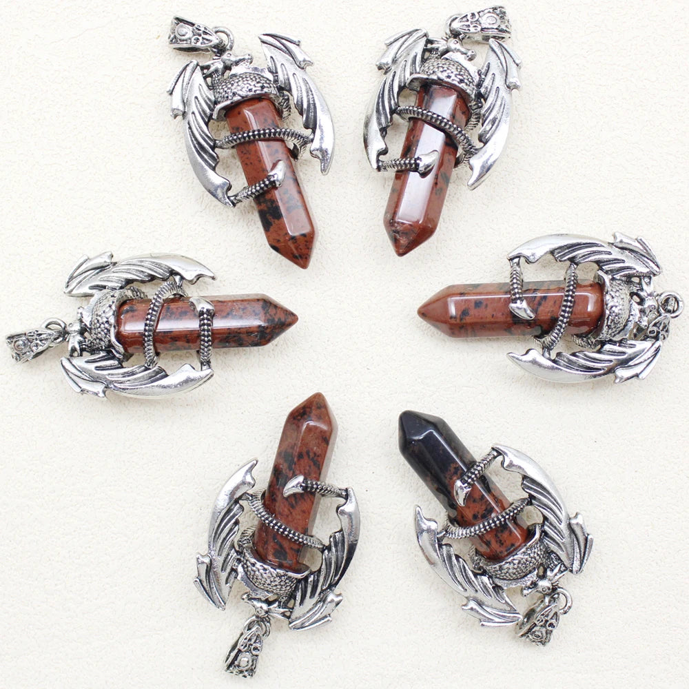10pcs Animal Dragon Man Pendant Natural Gem Stone Healing Pink Quartz Agates Hexagonal Crystal Pendant Vintage Jewelry for Women