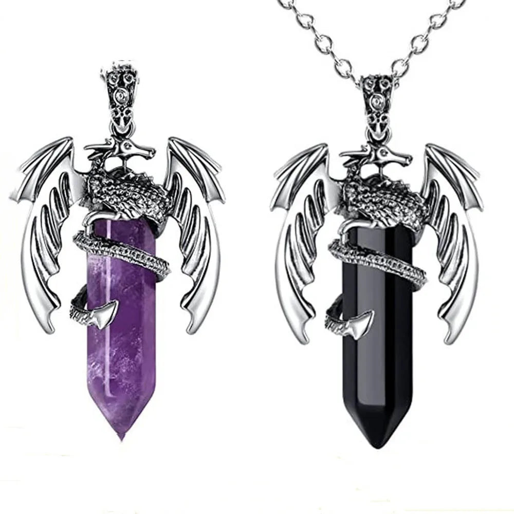 Natural Crystal Animal Dragon Pendant Pterosaur Necklace Women Men Stainless Steel Chain Hexagonal Raw Quartz Lucky Jewelry Gift
