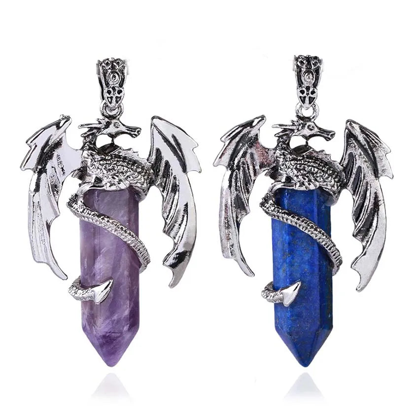 Animal Dragon Crystal Stone Pendant Necklace for Women Men Natural Amethyst Rose Quartz Agate Hexagon Stone Pendants Jewelry