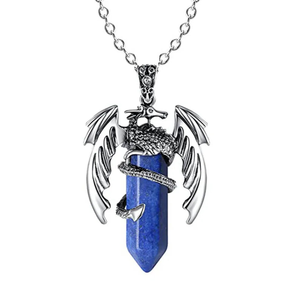 Natural Crystal Animal Dragon Pendant Pterosaur Necklace Women Men Stainless Steel Chain Hexagonal Raw Quartz Lucky Jewelry Gift
