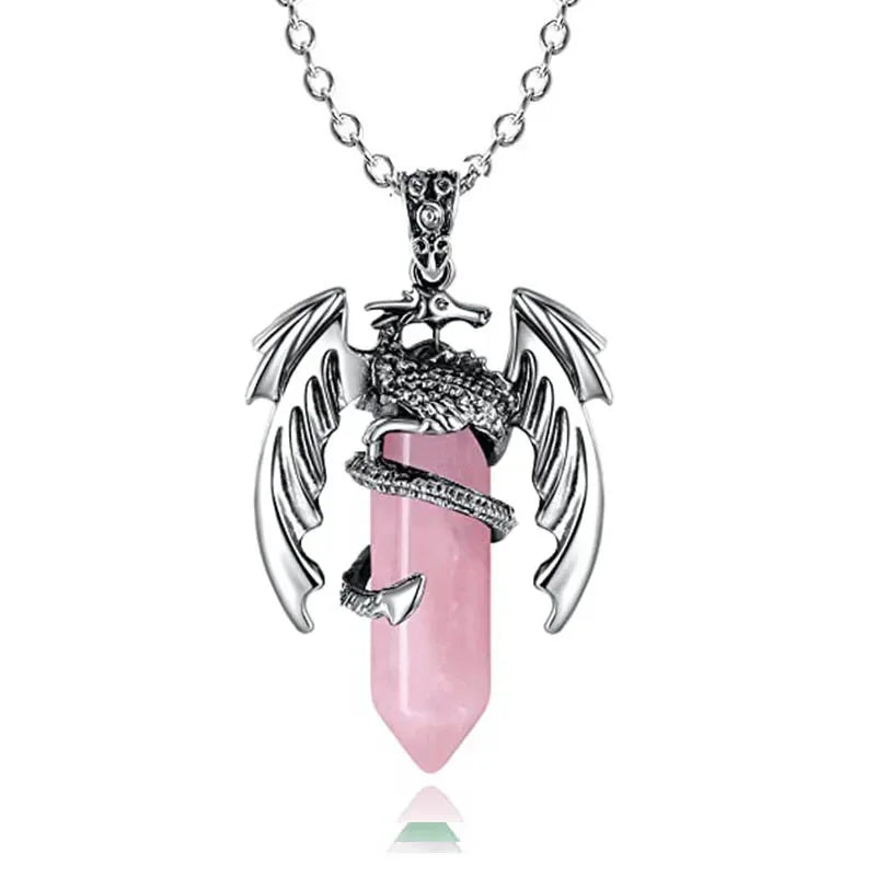 European and American Animal Dragon Man Necklace  Pink Quartz Hexagonal Crystal Pendant Vintage Men Women Pendant Jewelry