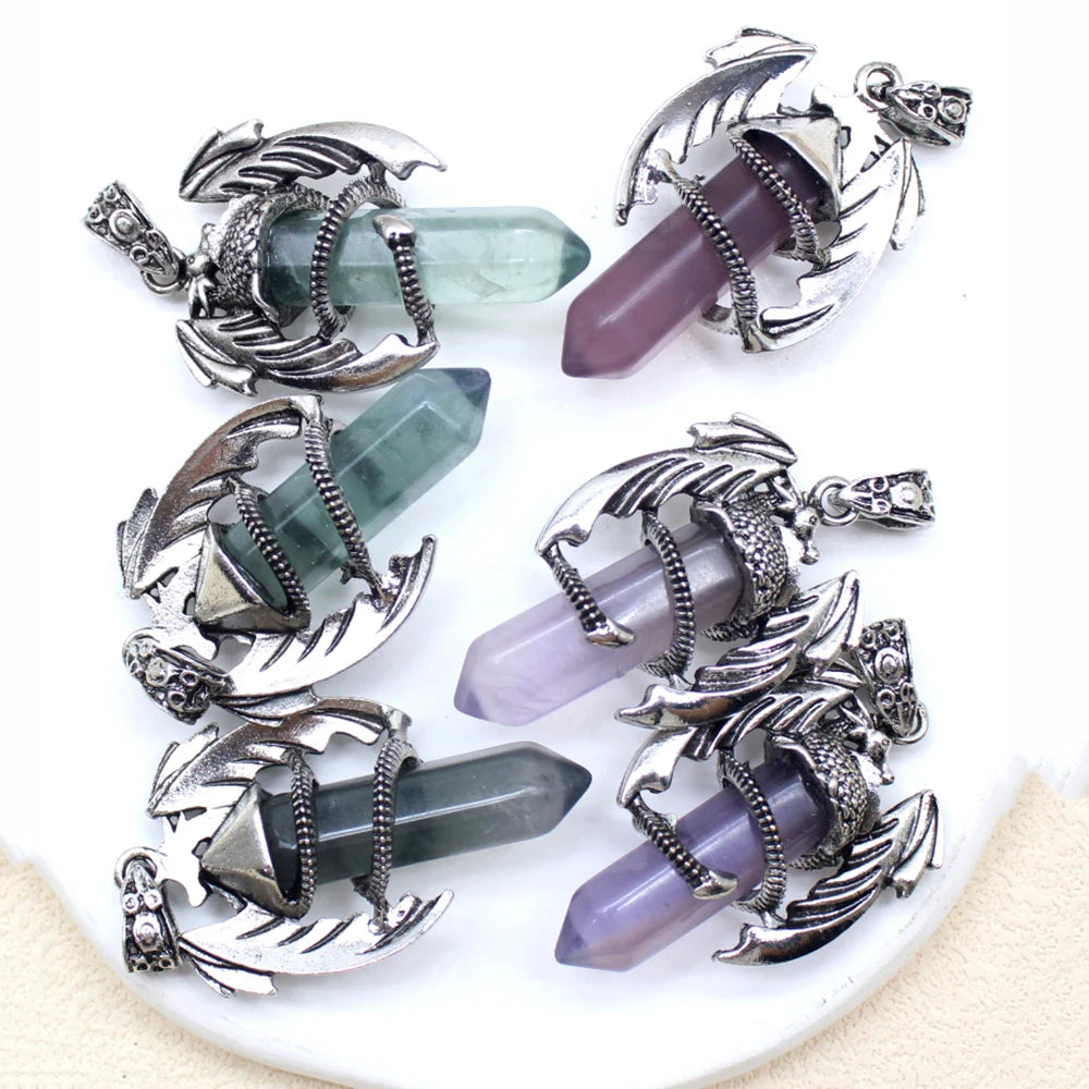 10pcs Animal Dragon Man Pendant Natural Gem Stone Healing Pink Quartz Agates Hexagonal Crystal Pendant Vintage Jewelry for Women