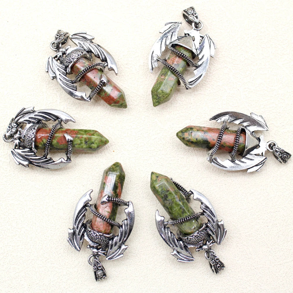 10pcs Animal Dragon Man Pendant Natural Gem Stone Healing Pink Quartz Agates Hexagonal Crystal Pendant Vintage Jewelry for Women
