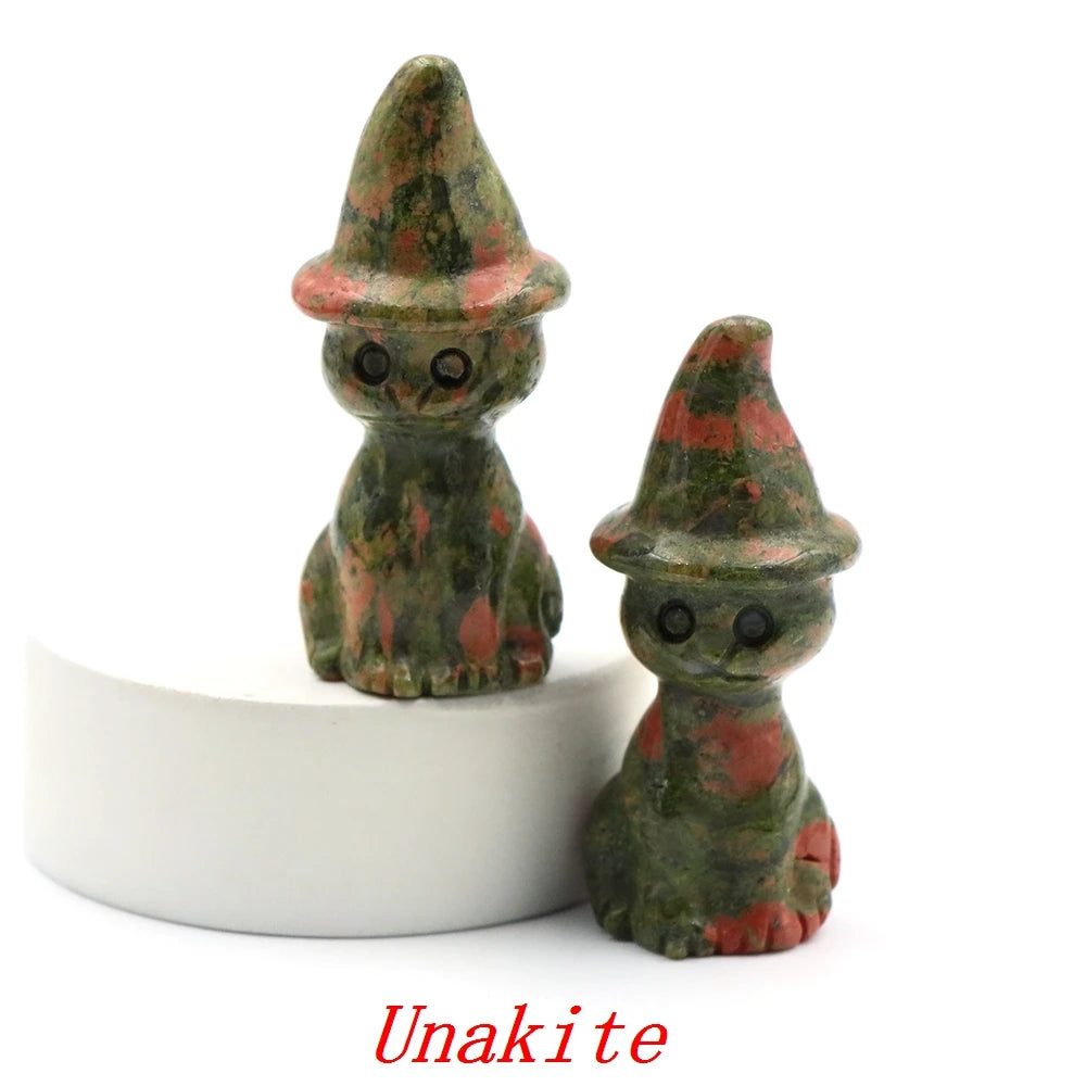 2" Natural Stone Witch Cat Statue Mysterious Cute Animal Figurine Witches Halloween Decor Desk Ornament Hand Carved Sculpture