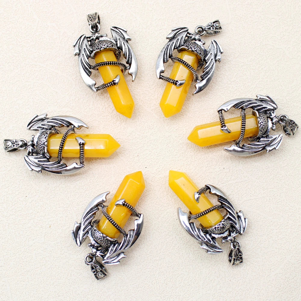 10pcs Animal Dragon Man Pendant Natural Gem Stone Healing Pink Quartz Agates Hexagonal Crystal Pendant Vintage Jewelry for Women