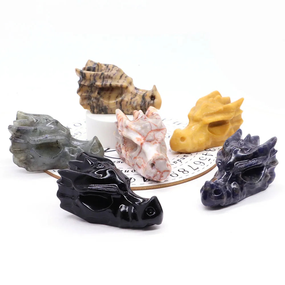 2.8" Hand Carved Natural Healing Crystal Carving Obsidian Aventurine Quartz Dragon Head Skull Figurine Crafts Gift Home Decor
