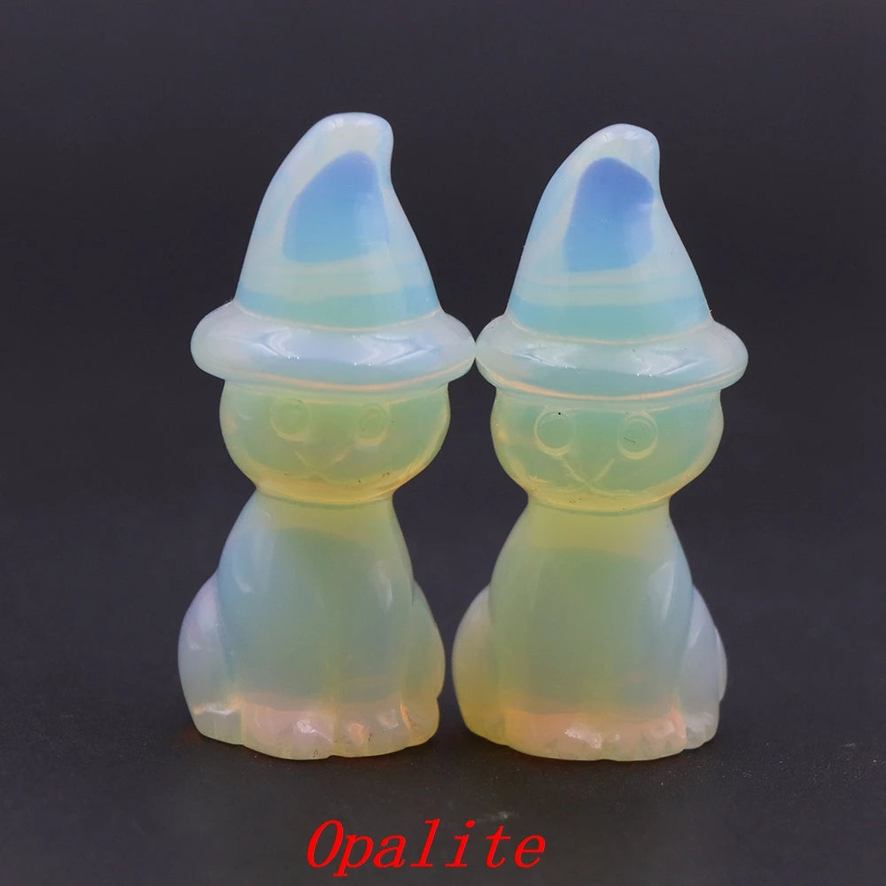 2" Natural Stone Witch Cat Statue Mysterious Cute Animal Figurine Witches Halloween Decor Desk Ornament Hand Carved Sculpture