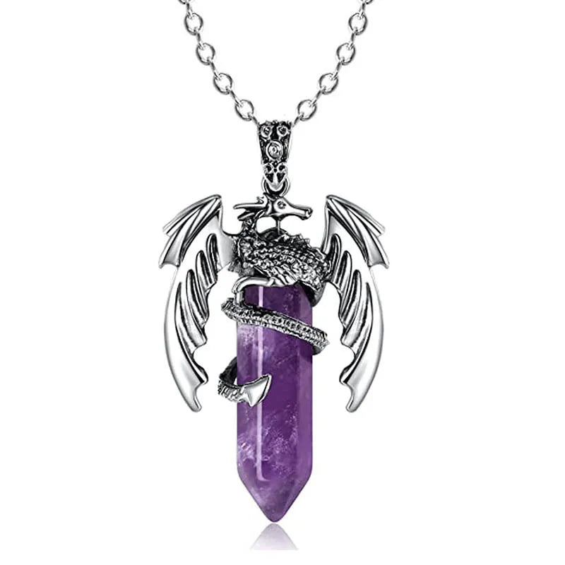 European and American Animal Dragon Man Necklace  Pink Quartz Hexagonal Crystal Pendant Vintage Men Women Pendant Jewelry