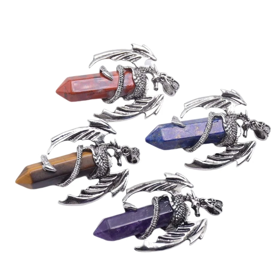 New Retro Animal Dragon Man Necklace Natural Gem Stone Healing Pink Quartz Hexagonal Crystal Pendant Vintage Jewelry for Women