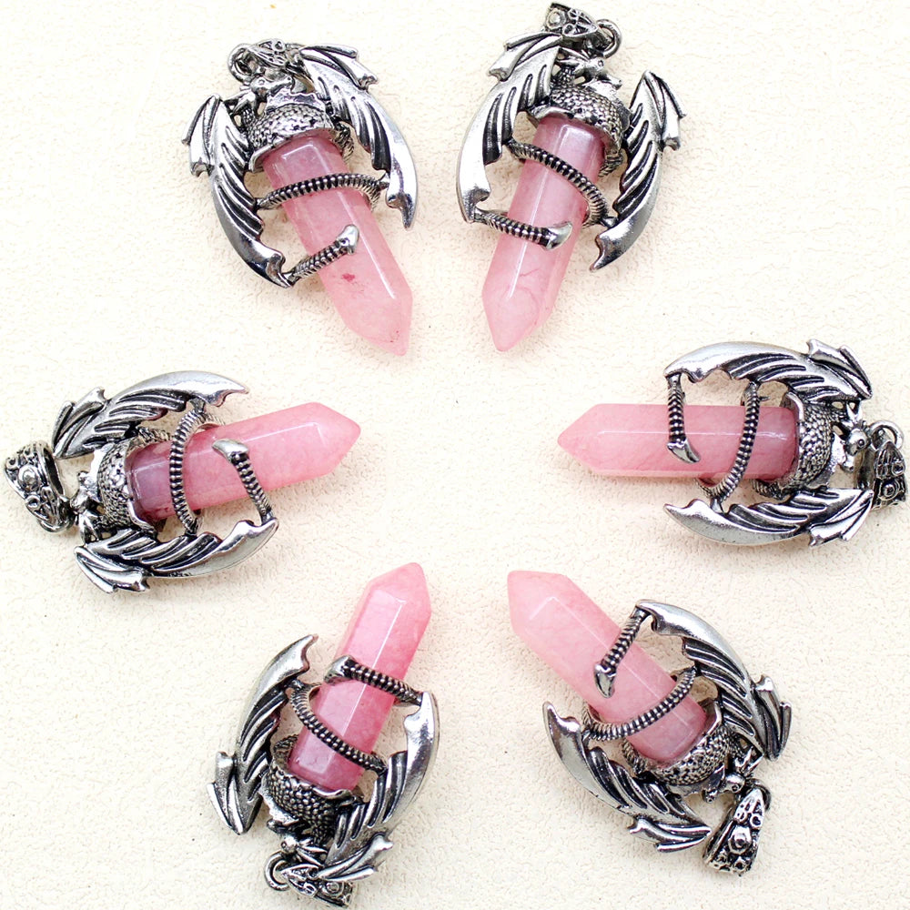 10pcs Animal Dragon Man Pendant Natural Gem Stone Healing Pink Quartz Agates Hexagonal Crystal Pendant Vintage Jewelry for Women