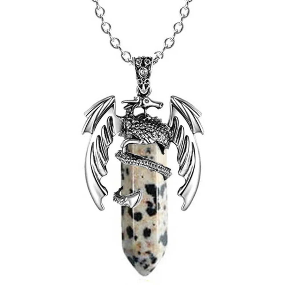 Natural Crystal Animal Dragon Pendant Pterosaur Necklace Women Men Stainless Steel Chain Hexagonal Raw Quartz Lucky Jewelry Gift