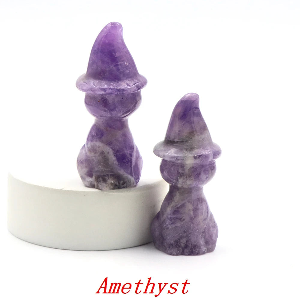 2" Natural Stone Witch Cat Statue Mysterious Cute Animal Figurine Witches Halloween Decor Desk Ornament Hand Carved Sculpture