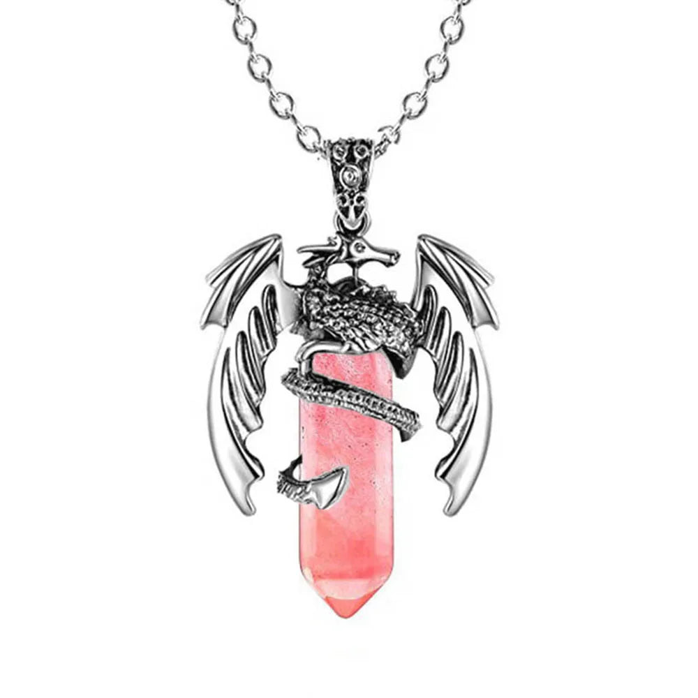 Natural Crystal Animal Dragon Pendant Pterosaur Necklace Women Men Stainless Steel Chain Hexagonal Raw Quartz Lucky Jewelry Gift