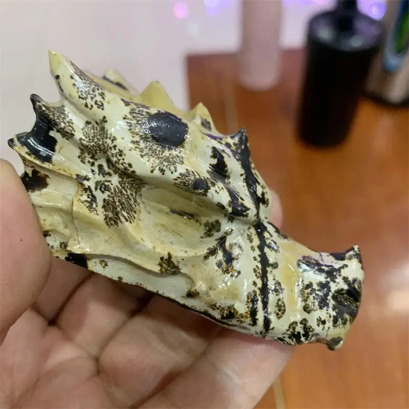 Natural Picture Stone Dragon Skull Carving Dragon Head Skull Statue Reiki Healing Stone Home Decoration 1PCS