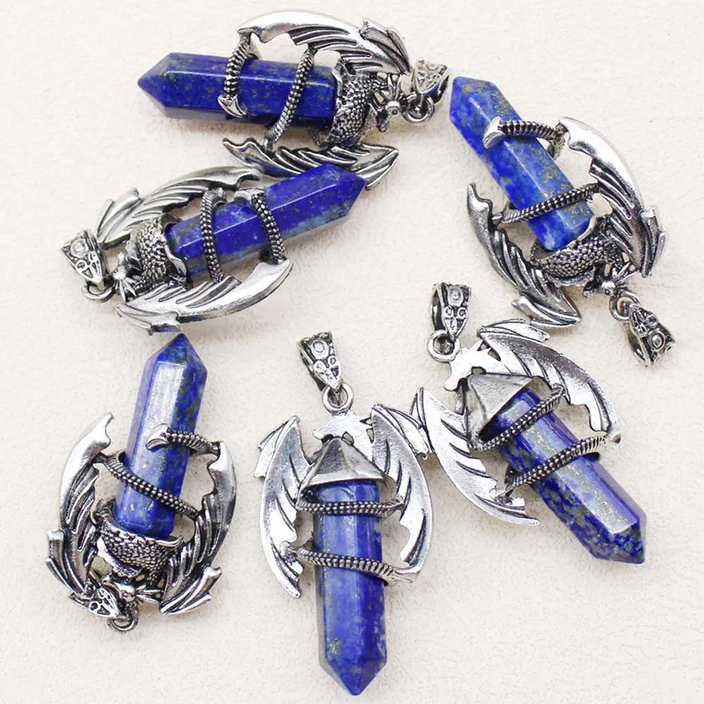 10pcs Animal Dragon Man Pendant Natural Gem Stone Healing Pink Quartz Agates Hexagonal Crystal Pendant Vintage Jewelry for Women