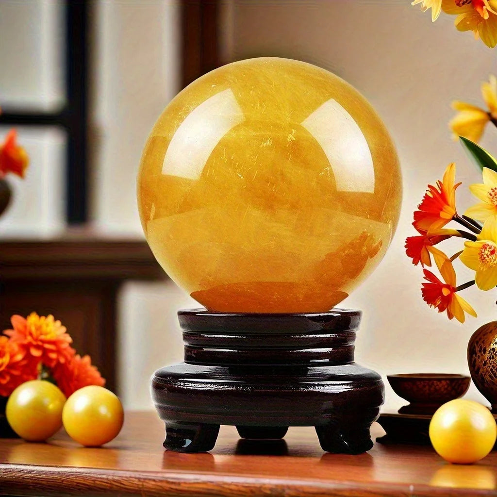 1pc, Natural Yellow Crystal Ball Hand-polished Decorative Ball Ornament Calcite Ice Island Stone Home Office Decoration