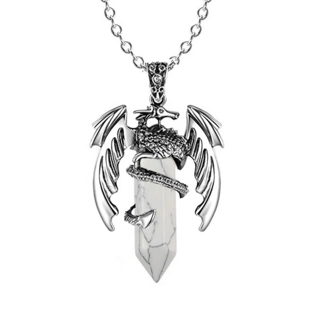 Natural Crystal Animal Dragon Pendant Pterosaur Necklace Women Men Stainless Steel Chain Hexagonal Raw Quartz Lucky Jewelry Gift