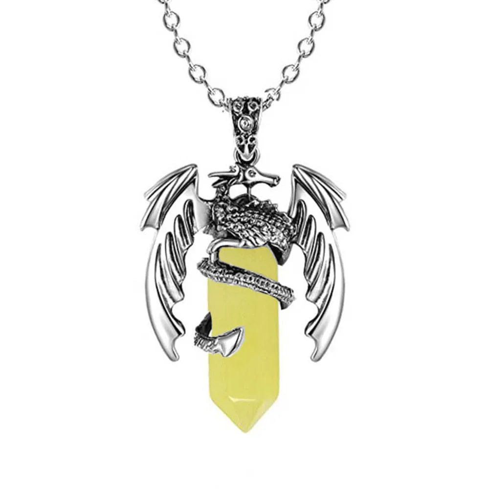 Natural Crystal Animal Dragon Pendant Pterosaur Necklace Women Men Stainless Steel Chain Hexagonal Raw Quartz Lucky Jewelry Gift
