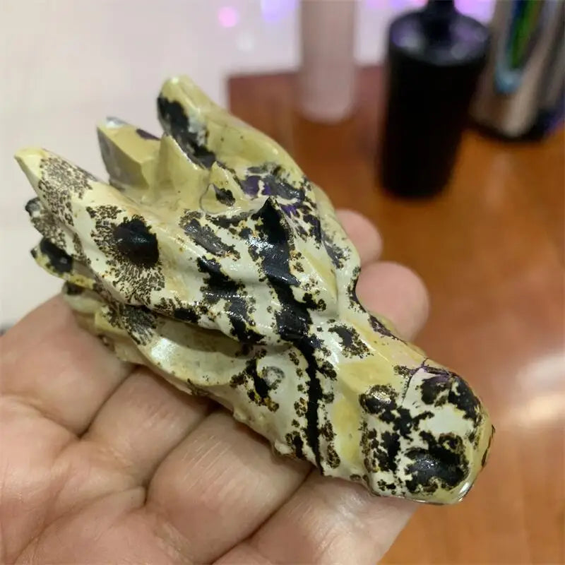 Natural Picture Stone Dragon Skull Carving Dragon Head Skull Statue Reiki Healing Stone Home Decoration 1PCS