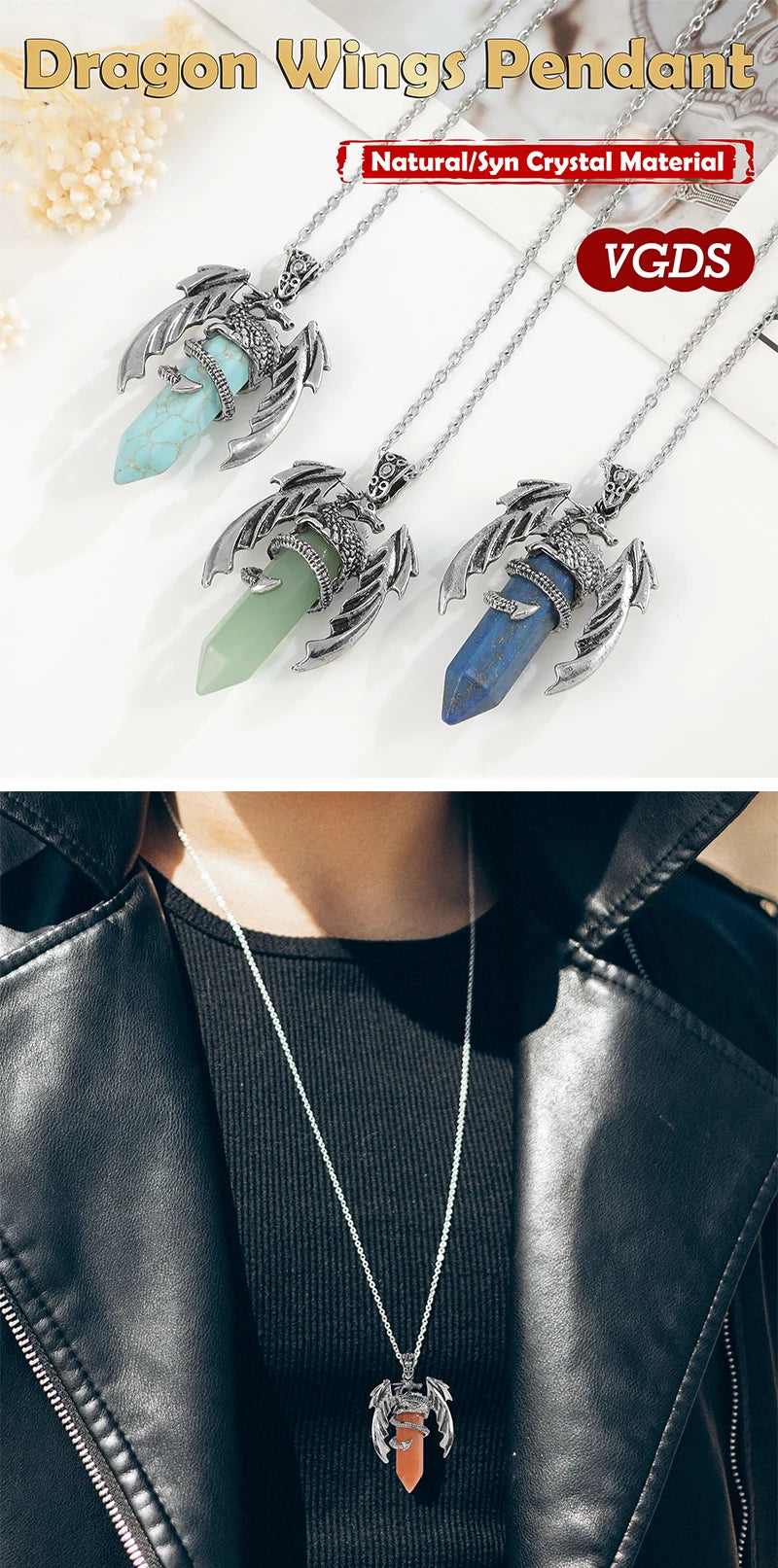 Popular natural crystal gemstone healing crystal hexagonal pillar dragon wing pendant retro exaggerated neutral jewelry necklace
