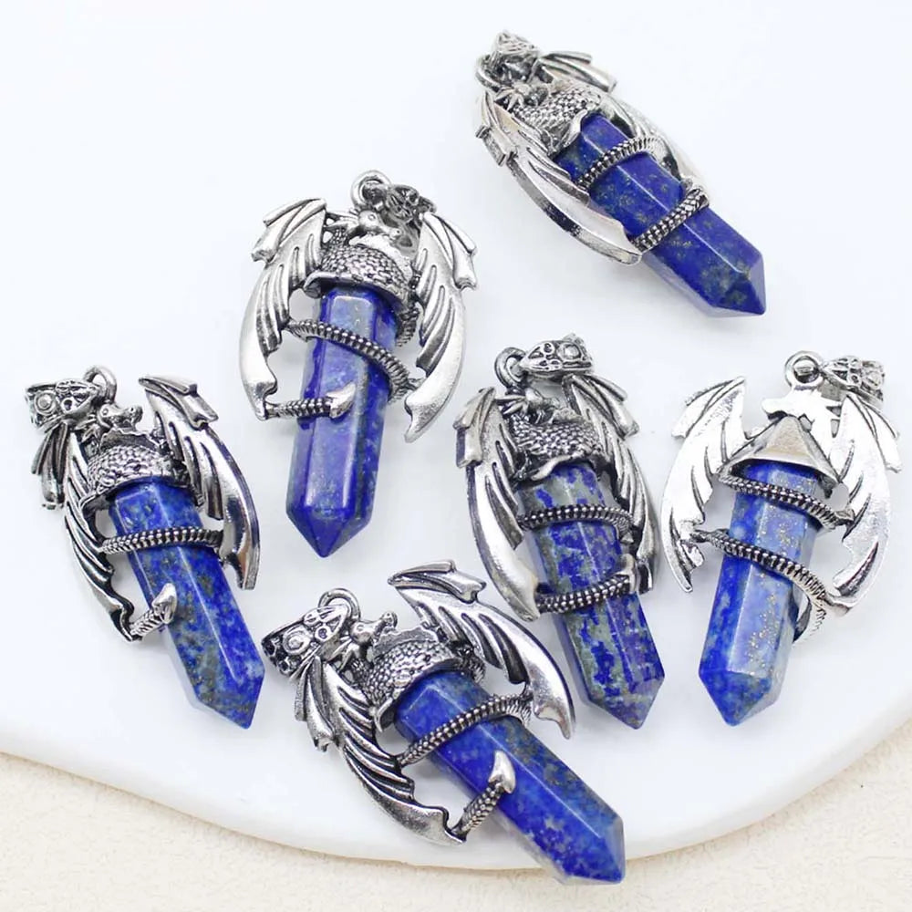 10pcs Animal Dragon Man Pendant Natural Gem Stone Healing Pink Quartz Agates Hexagonal Crystal Pendant Vintage Jewelry for Women