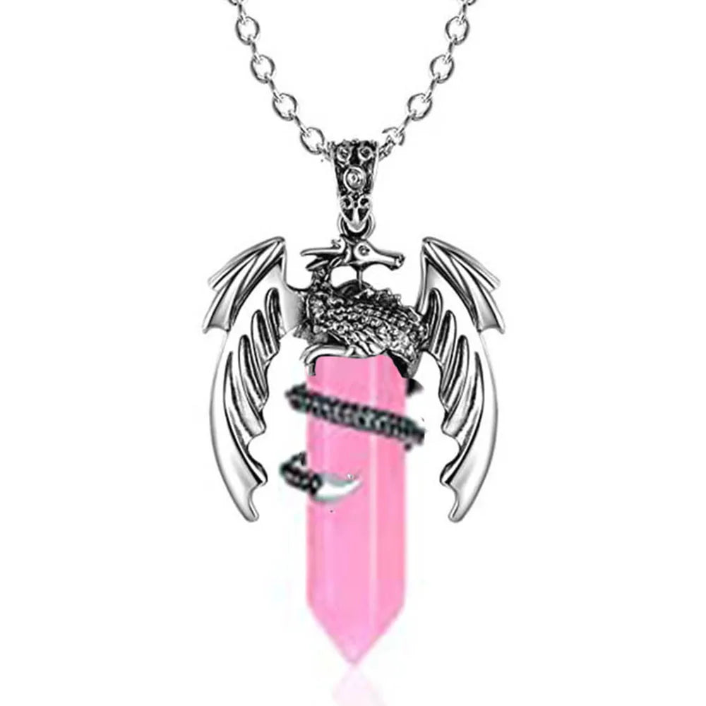 Natural Crystal Animal Dragon Pendant Pterosaur Necklace Women Men Stainless Steel Chain Hexagonal Raw Quartz Lucky Jewelry Gift