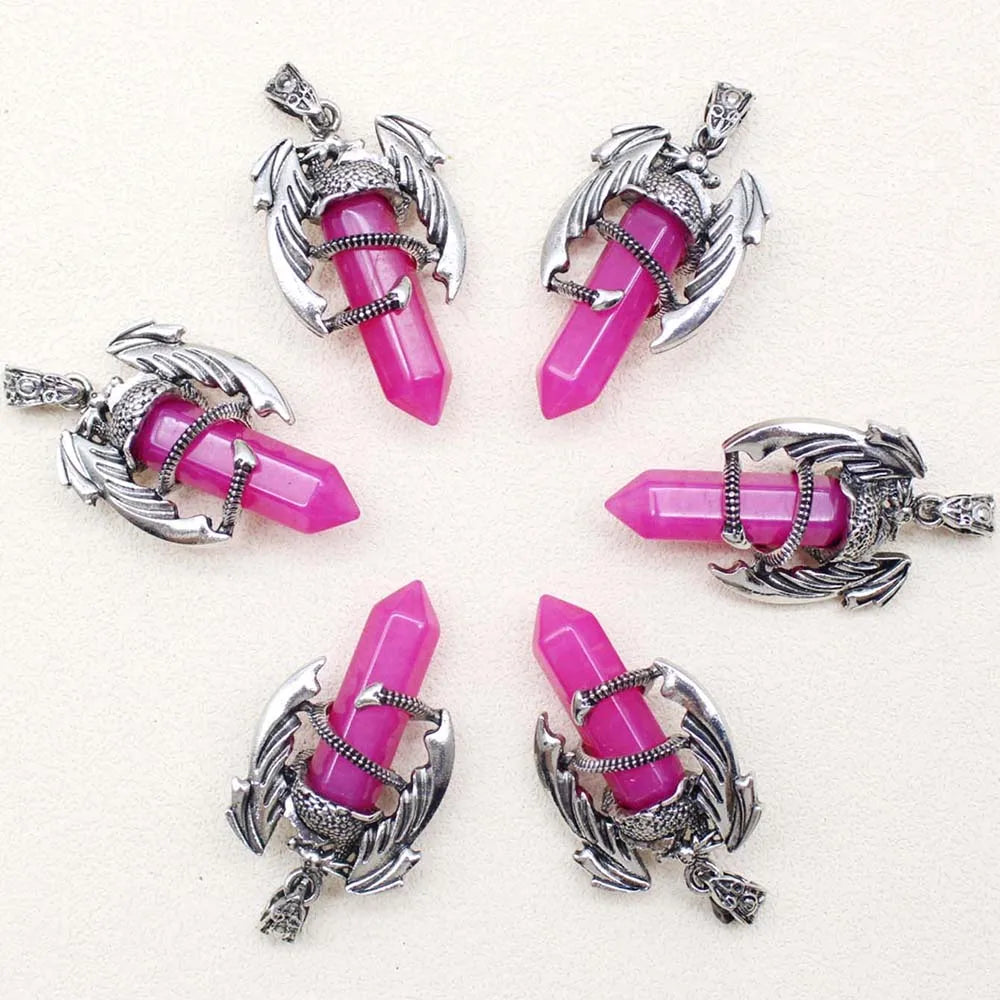 10pcs Animal Dragon Man Pendant Natural Gem Stone Healing Pink Quartz Agates Hexagonal Crystal Pendant Vintage Jewelry for Women