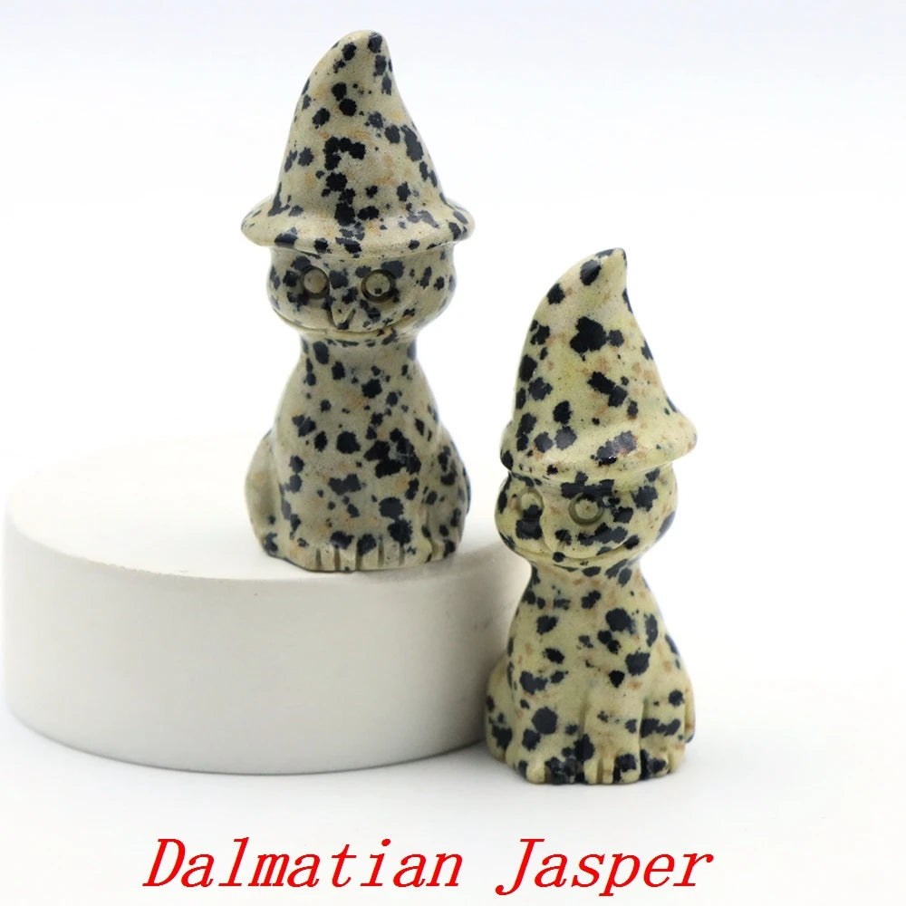 2" Natural Stone Witch Cat Statue Mysterious Cute Animal Figurine Witches Halloween Decor Desk Ornament Hand Carved Sculpture