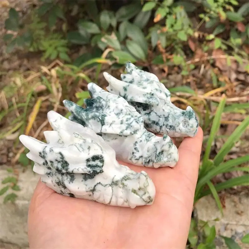 Natural Stone Moss Agate Crystal Handmade Carved Dragon Head Skull Polished Animal Statue For Home Decoration Gift 1pcs