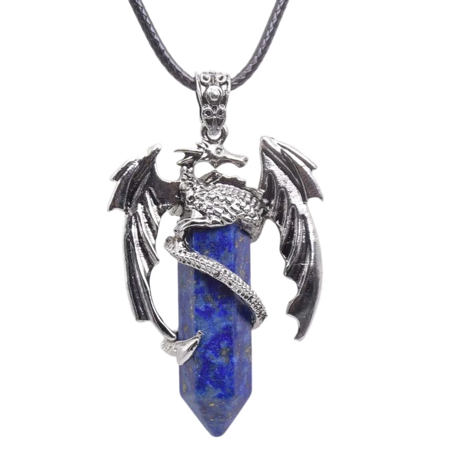 New Retro Animal Dragon Man Necklace Natural Gem Stone Healing Pink Quartz Hexagonal Crystal Pendant Vintage Jewelry for Women