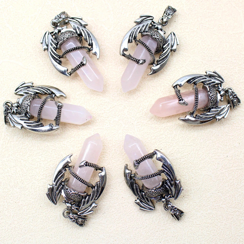 10pcs Animal Dragon Man Pendant Natural Gem Stone Healing Pink Quartz Agates Hexagonal Crystal Pendant Vintage Jewelry for Women