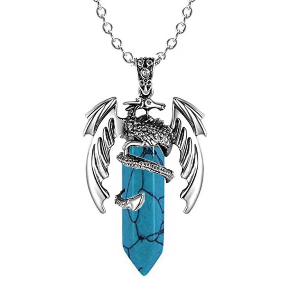 Natural Crystal Animal Dragon Pendant Pterosaur Necklace Women Men Stainless Steel Chain Hexagonal Raw Quartz Lucky Jewelry Gift