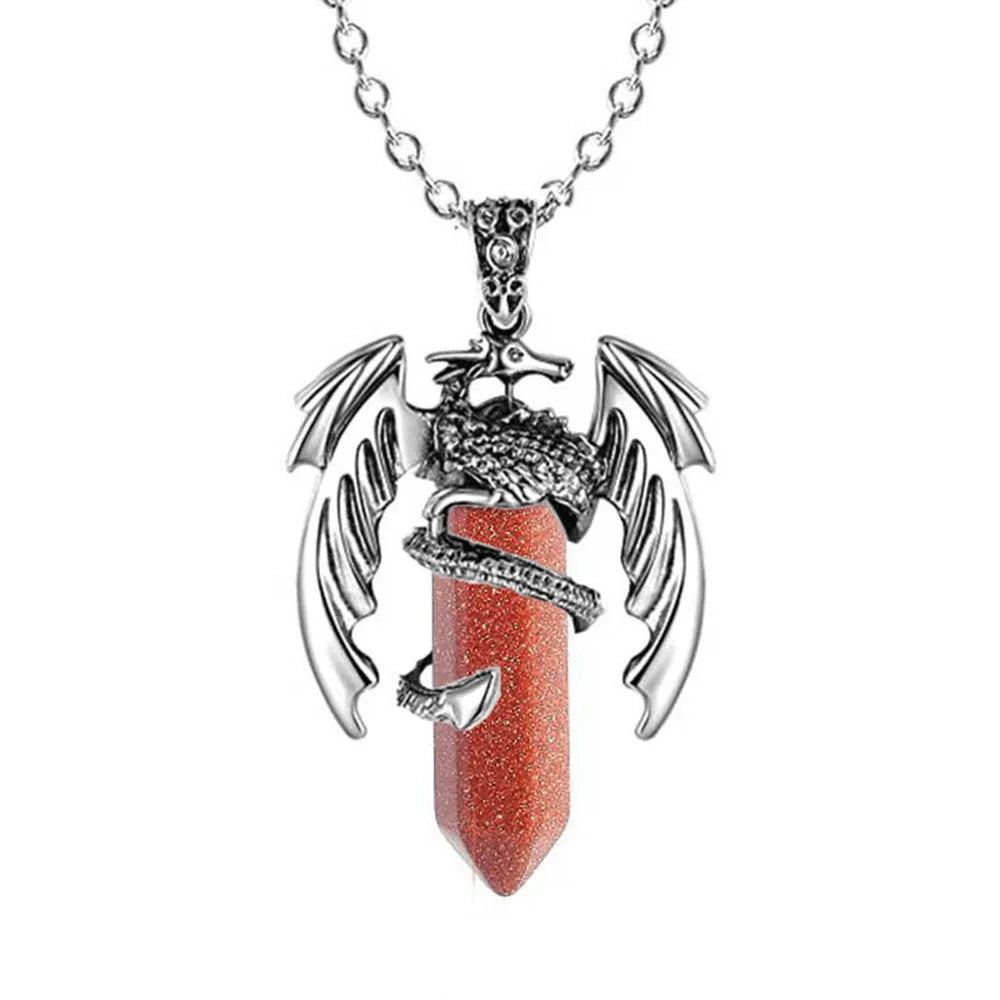Natural Crystal Animal Dragon Pendant Pterosaur Necklace Women Men Stainless Steel Chain Hexagonal Raw Quartz Lucky Jewelry Gift
