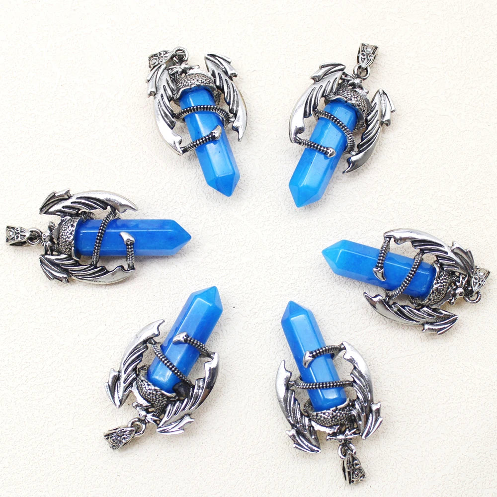 10pcs Animal Dragon Man Pendant Natural Gem Stone Healing Pink Quartz Agates Hexagonal Crystal Pendant Vintage Jewelry for Women