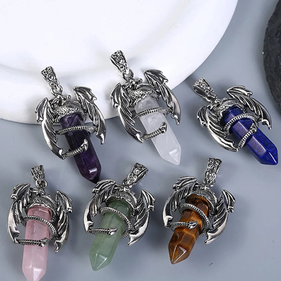 Fashion creative chic amethyst powder crystal white crystal flying dragon pendant Pterosaur hexagon column necklace jewelry