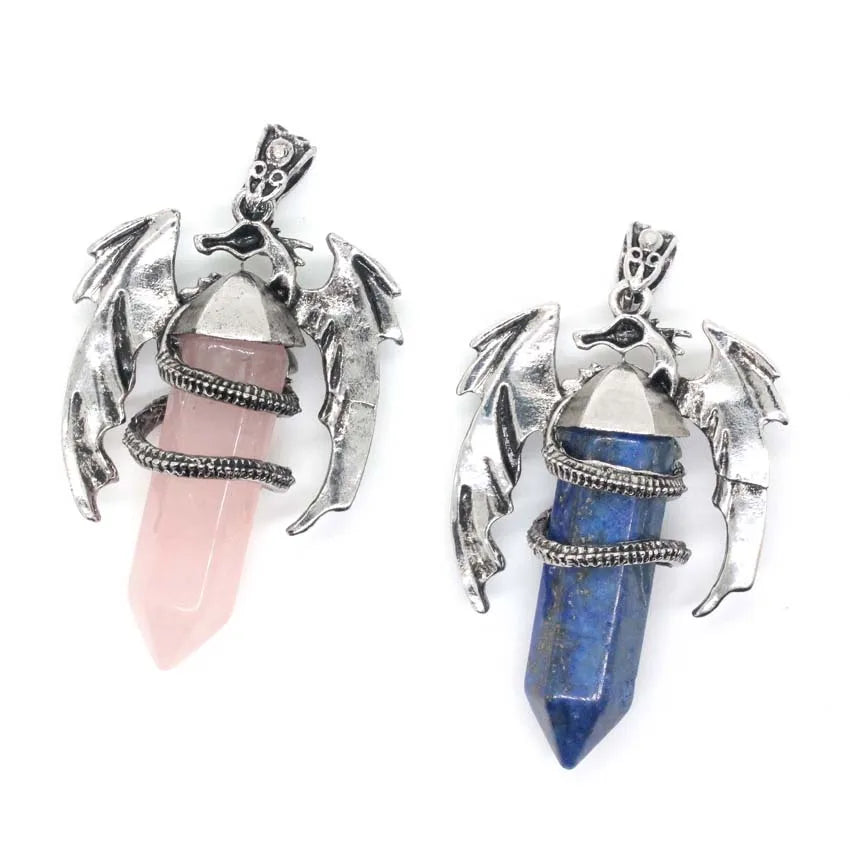 Animal Dragon Crystal Stone Pendant Necklace For Men Natural Amethyst Rose Quartz Agate Hexagonal Vintage Pendants Women Jewelry