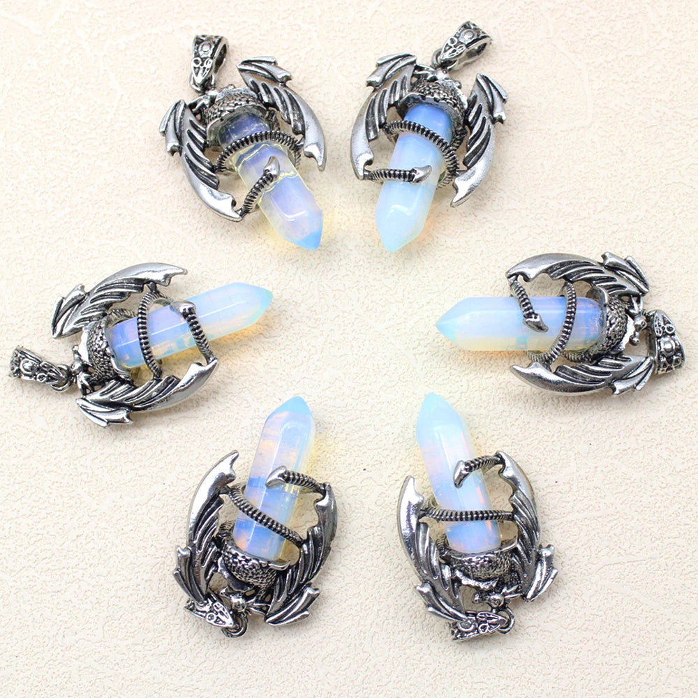 10pcs Animal Dragon Man Pendant Natural Gem Stone Healing Pink Quartz Agates Hexagonal Crystal Pendant Vintage Jewelry for Women