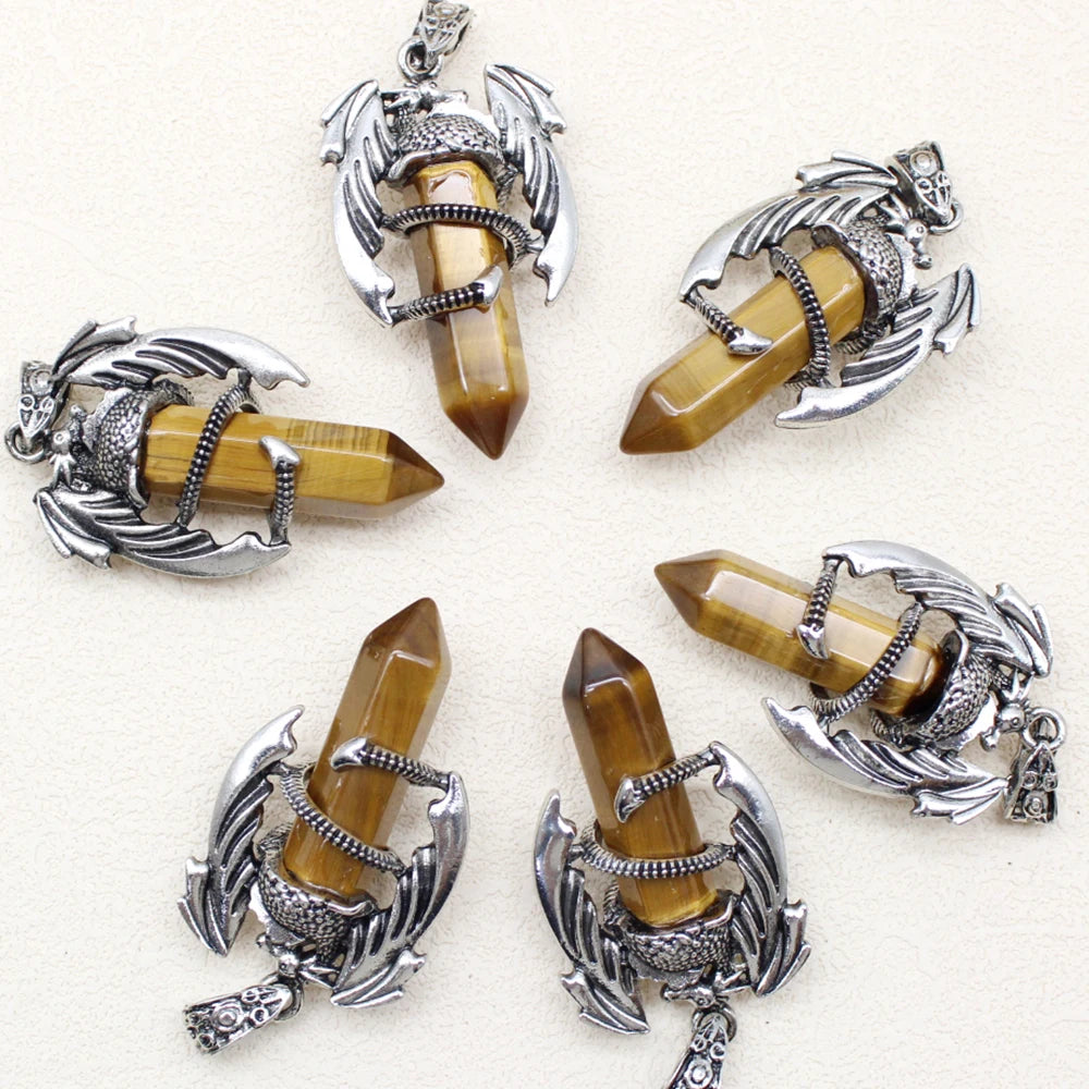 10pcs Animal Dragon Man Pendant Natural Gem Stone Healing Pink Quartz Agates Hexagonal Crystal Pendant Vintage Jewelry for Women