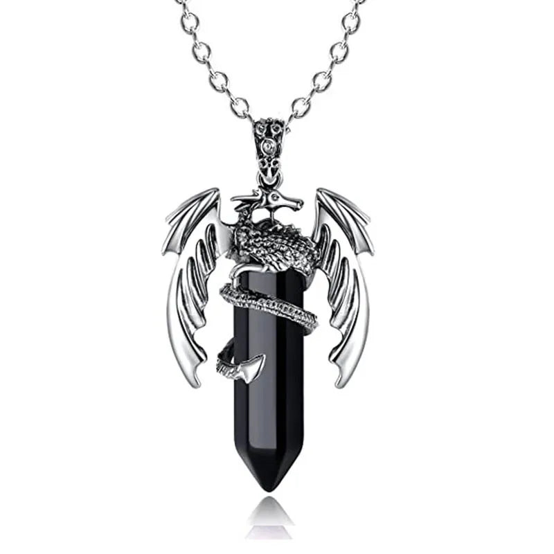 European and American Animal Dragon Man Necklace  Pink Quartz Hexagonal Crystal Pendant Vintage Men Women Pendant Jewelry