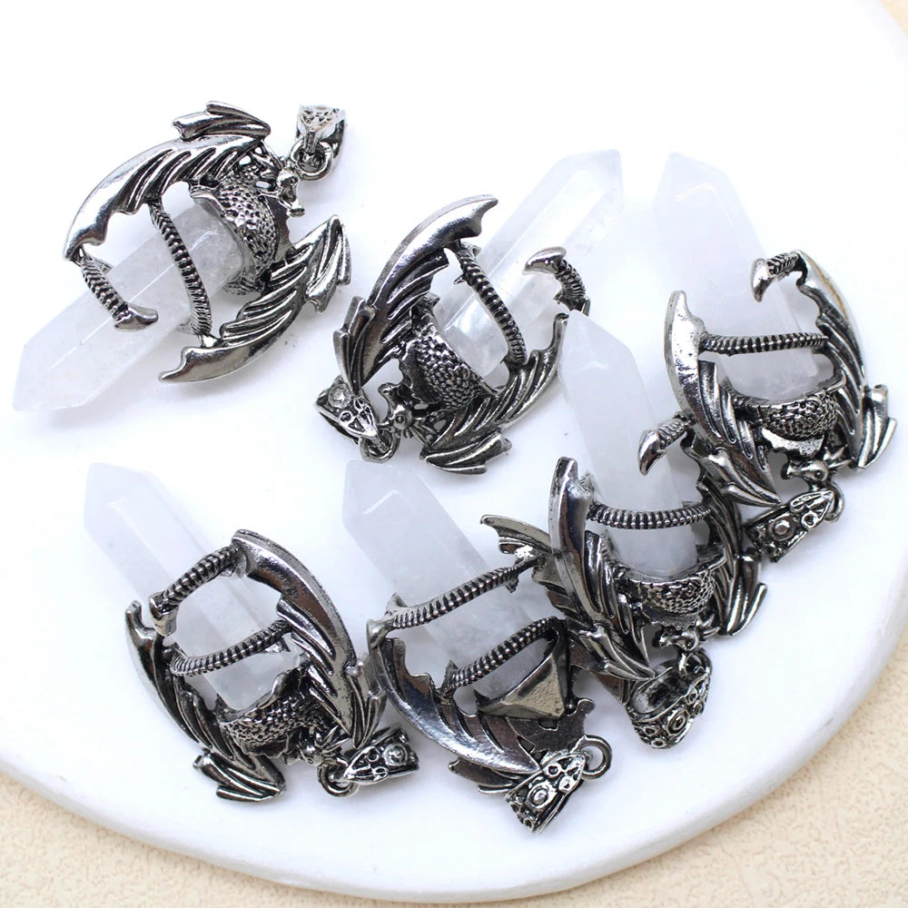 10pcs Animal Dragon Man Pendant Natural Gem Stone Healing Pink Quartz Agates Hexagonal Crystal Pendant Vintage Jewelry for Women