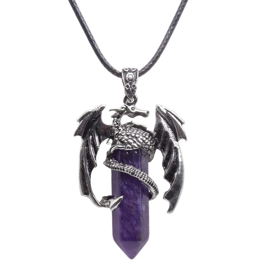 New Retro Animal Dragon Man Necklace Natural Gem Stone Healing Pink Quartz Hexagonal Crystal Pendant Vintage Jewelry for Women