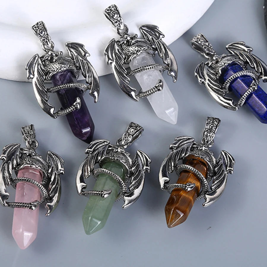 Fashion creative chic amethyst powder crystal white crystal flying dragon pendant Pterosaur hexagon column necklace jewelry