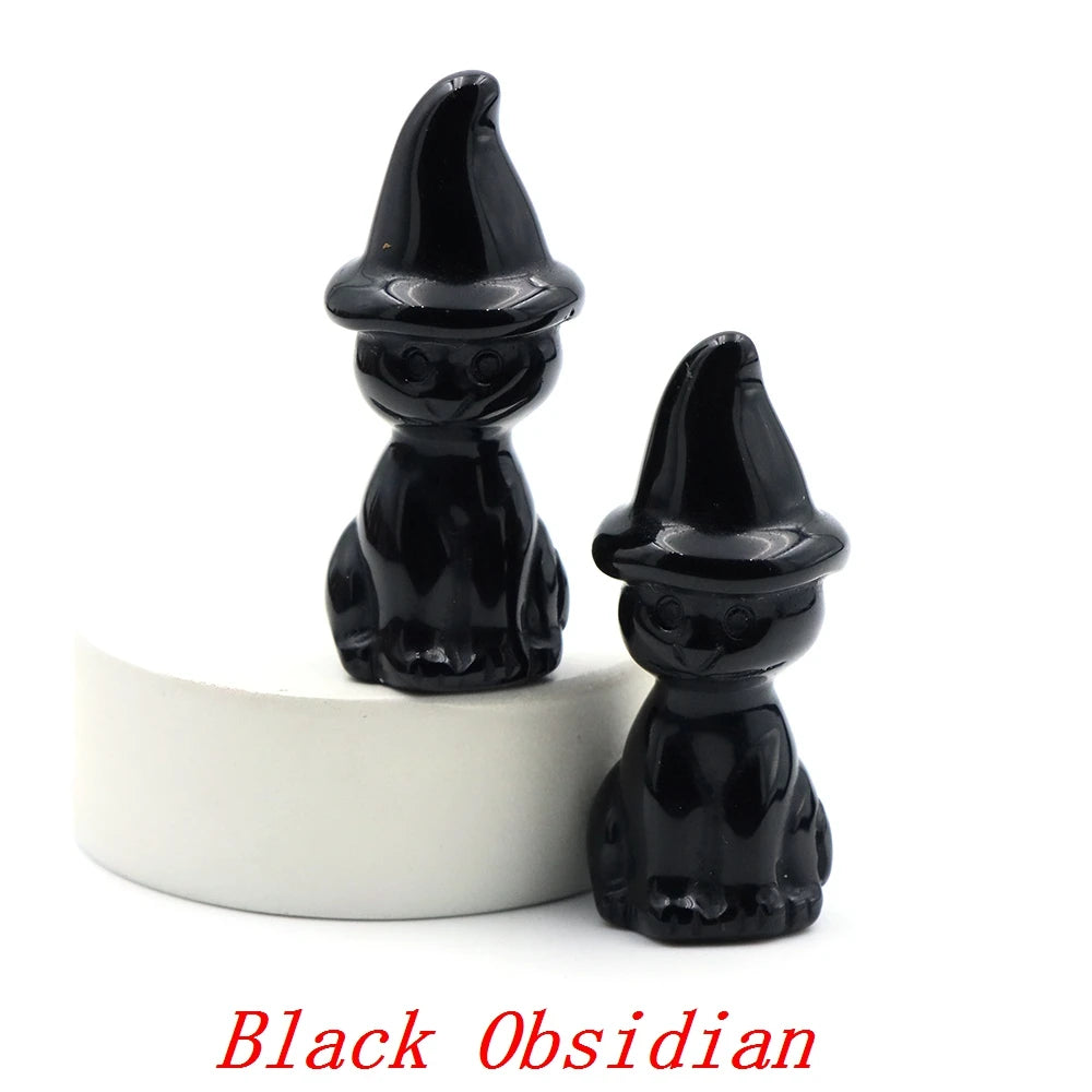 2" Natural Stone Witch Cat Statue Mysterious Cute Animal Figurine Witches Halloween Decor Desk Ornament Hand Carved Sculpture