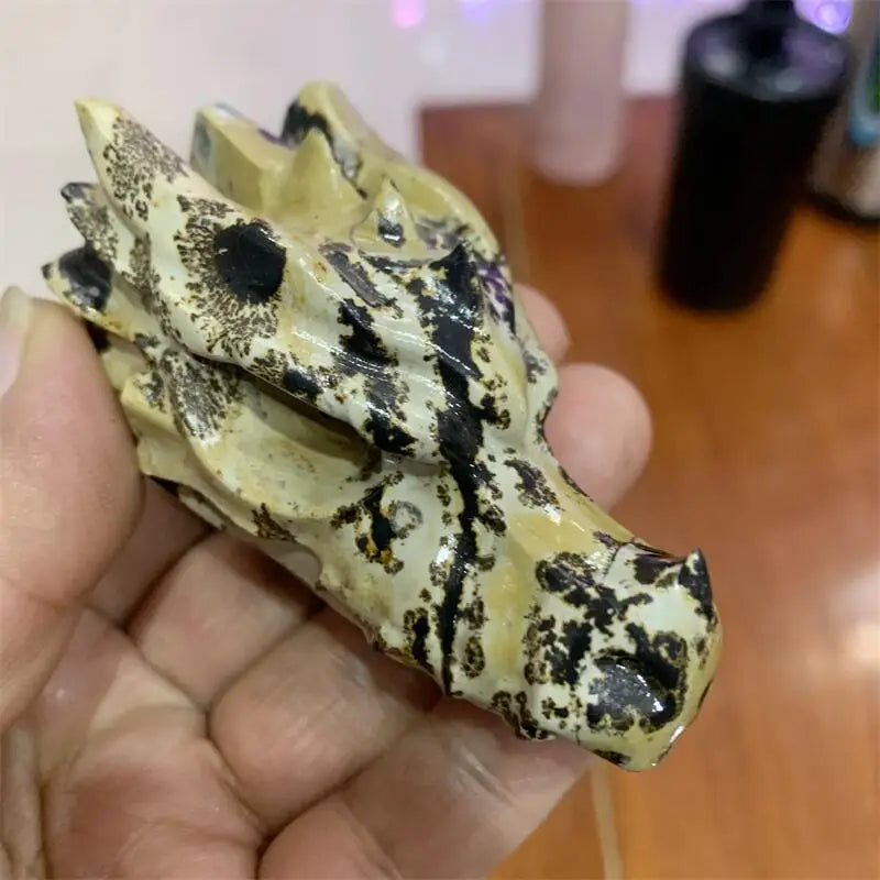 Natural Picture Stone Dragon Skull Carving Dragon Head Skull Statue Reiki Healing Stone Home Decoration 1PCS