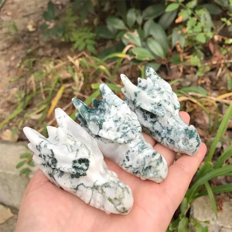 Natural Stone Moss Agate Crystal Handmade Carved Dragon Head Skull Polished Animal Statue For Home Decoration Gift 1pcs