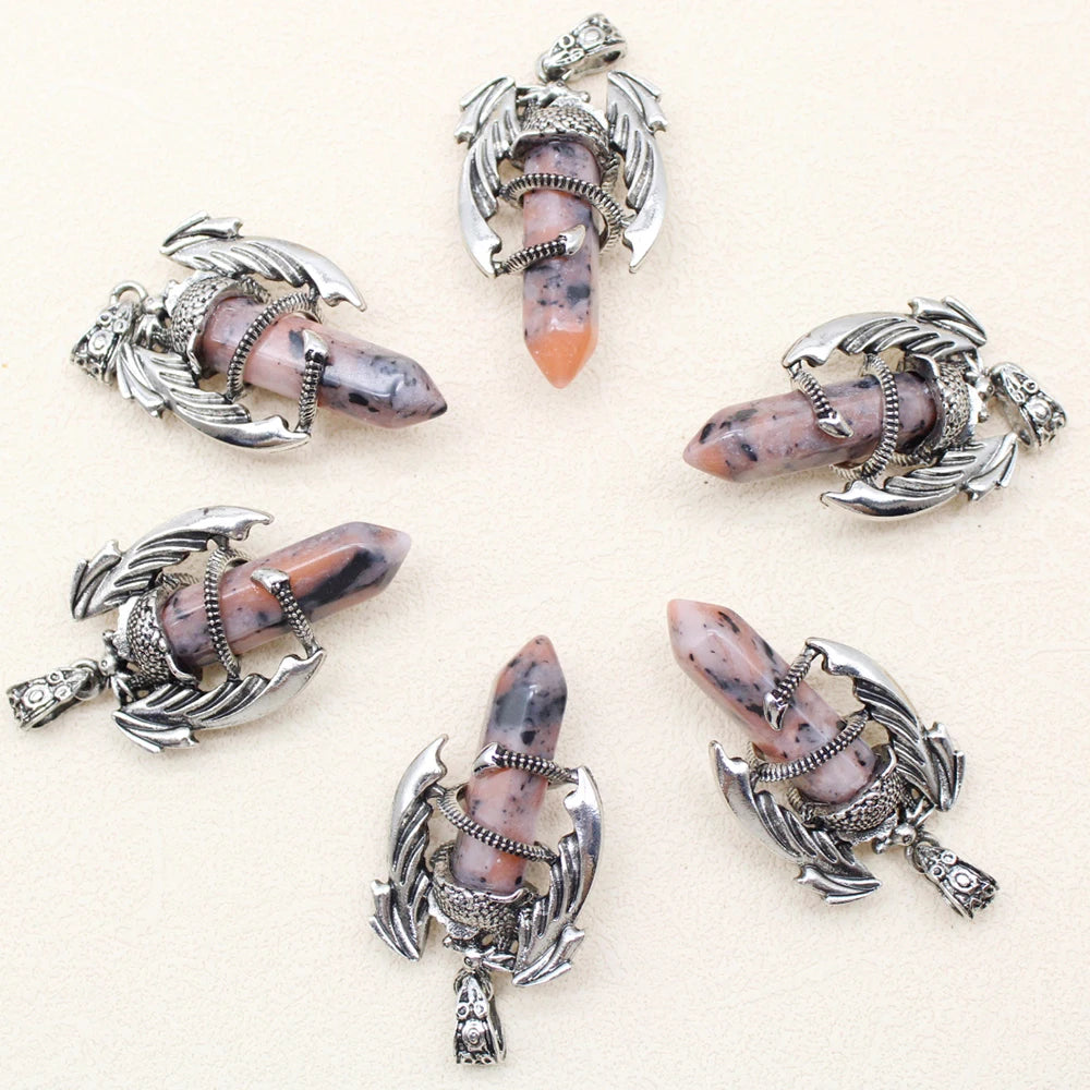 10pcs Animal Dragon Man Pendant Natural Gem Stone Healing Pink Quartz Agates Hexagonal Crystal Pendant Vintage Jewelry for Women
