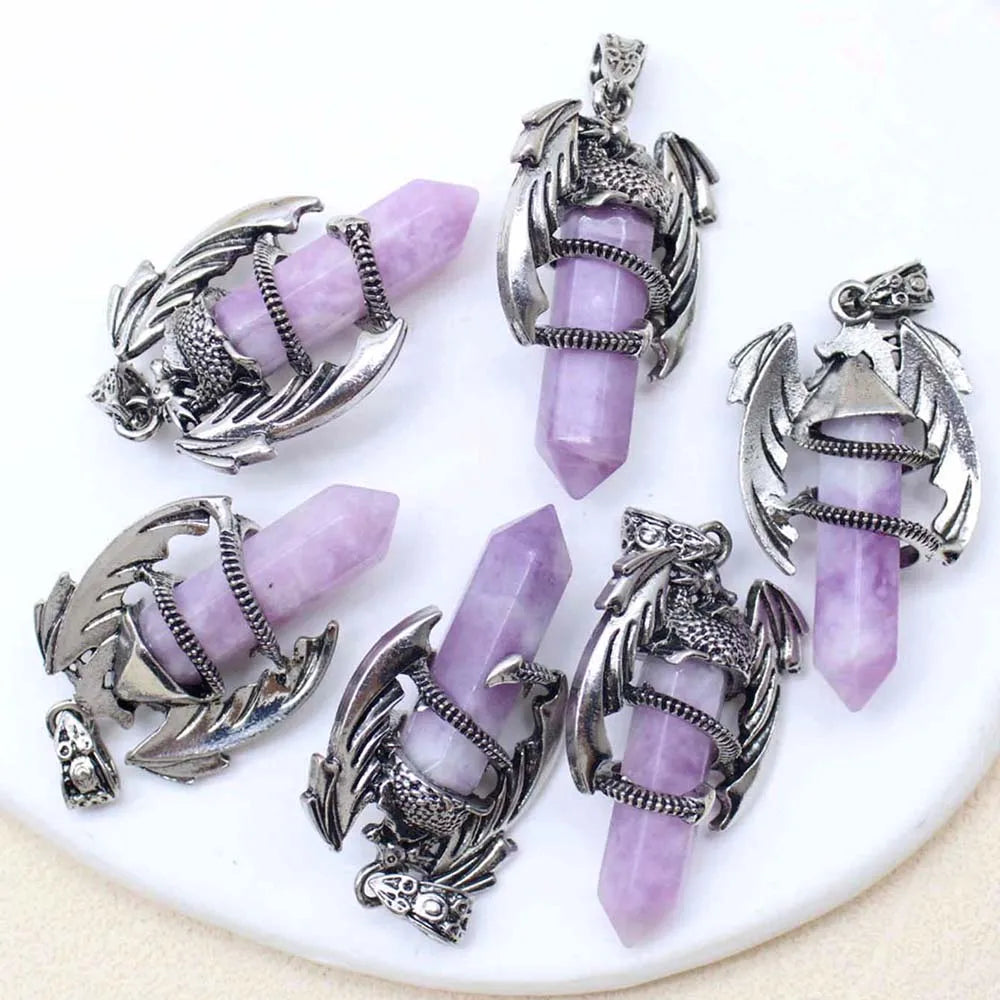 10pcs Animal Dragon Man Pendant Natural Gem Stone Healing Pink Quartz Agates Hexagonal Crystal Pendant Vintage Jewelry for Women