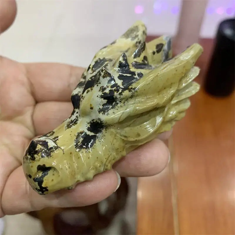 Natural Picture Stone Dragon Skull Carving Dragon Head Skull Statue Reiki Healing Stone Home Decoration 1PCS