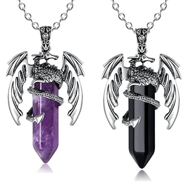 European and American Animal Dragon Man Necklace  Pink Quartz Hexagonal Crystal Pendant Vintage Men Women Pendant Jewelry