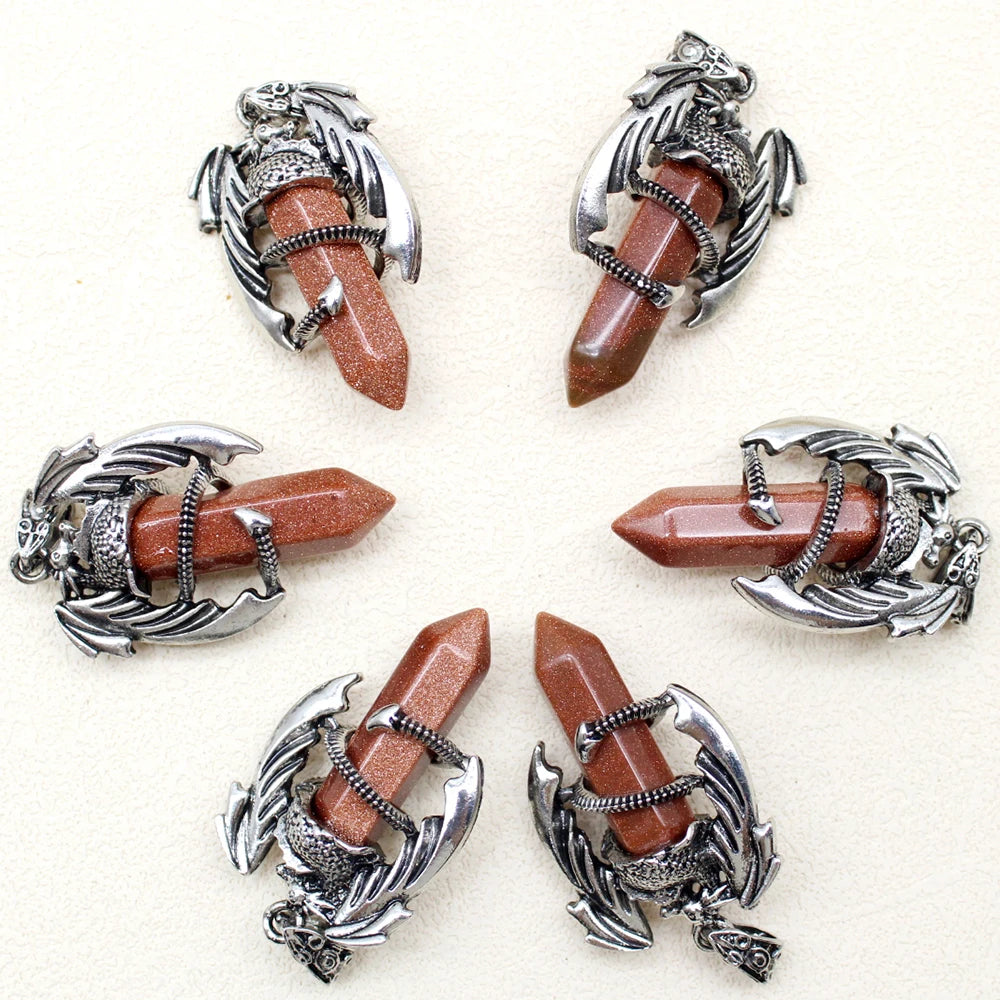 10pcs Animal Dragon Man Pendant Natural Gem Stone Healing Pink Quartz Agates Hexagonal Crystal Pendant Vintage Jewelry for Women
